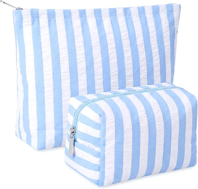 Huhumy 2 Pcs Makeup Bag Set Cute Cosmetic Pouch for Women Seersucker Travel Toiletry Bag Preppy Small Makeup Purse Pouch Aesthetic Skincare Brushes Storage Organizer for Valentine Women(Blue Wide)