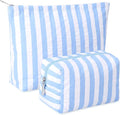 Huhumy 2 Pcs Makeup Bag Set Cute Cosmetic Pouch for Women Seersucker Travel Toiletry Bag Preppy Small Makeup Purse Pouch Aesthetic Skincare Brushes Storage Organizer for Valentine Women(Blue Wide)