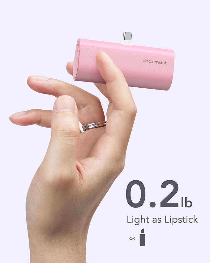 charmast Portable Charger USB C for iPhone 17/16/15, 5000mAh Fast Charging Power Bank with Built-in Type-C Connector, 20W Mini Battery Pack for iPhone 17/16/15 Series, Samsung S25/S24/S23, and More