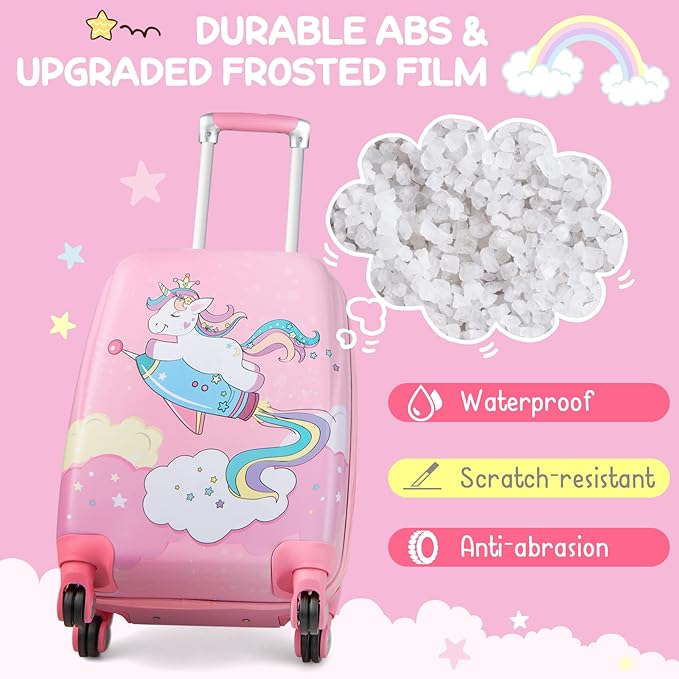 BABY JOY 2 PC Kids Carry On Luggage Set, 18" Toddler Trolley Case & 12" Backpack with Hard Shell & Rolling Wheel Design, Kids Suitcase for Boys Girls (Pony)