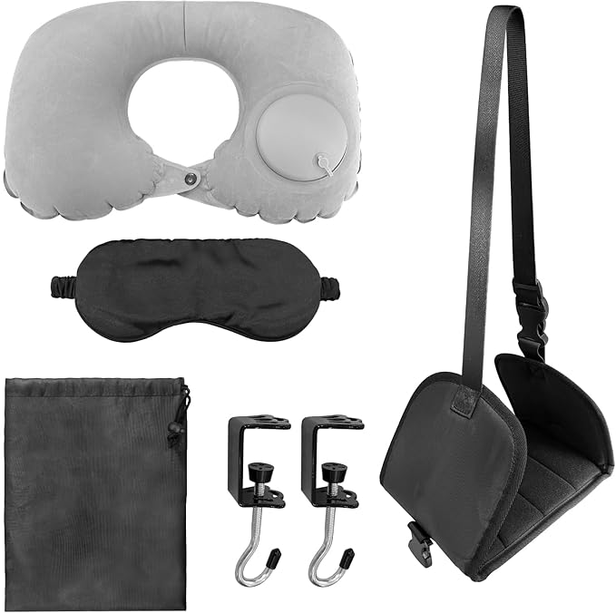 Foot Hammock Airplane, Comes with Two Tabletop Hooks and Inflatable u-Shaped Pillow and Eye mask Adjustable Airplane footrest Travel Essential, Portable Office footrest, Relax Your feet
