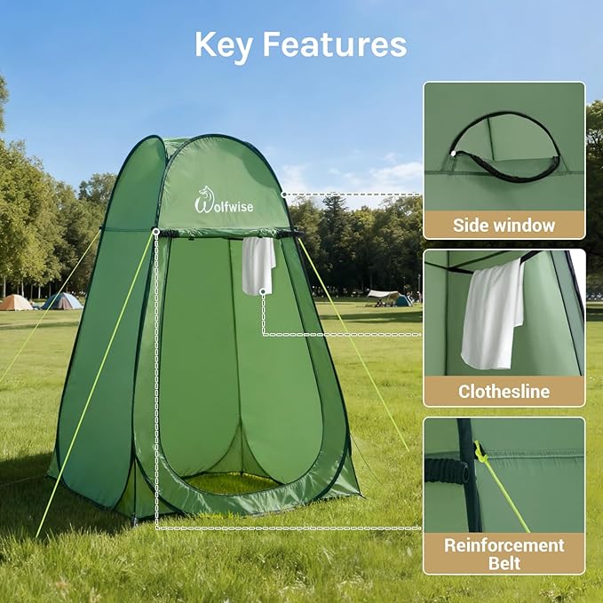 Wolfwise Pop Up Shower Tent, Portable Instant Changing Tent with Ventilation Window & Carry Bag, Privacy Bathroom Toilet for Beach, Camping & Outdoor, Width 47 ", Height 75 ", Green