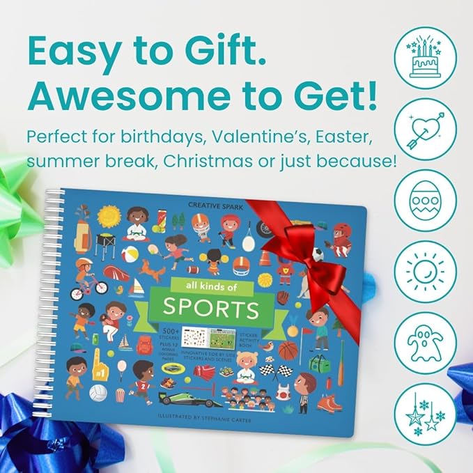 All Kinds of Sports 500+ Kids Sticker Book by Cupkin Fun Toddler Travel Activity Coloring and Sticker Book, Road Trip Essentials, 12 Coloring Pages 12 Scenes for Ages 2–8 Years