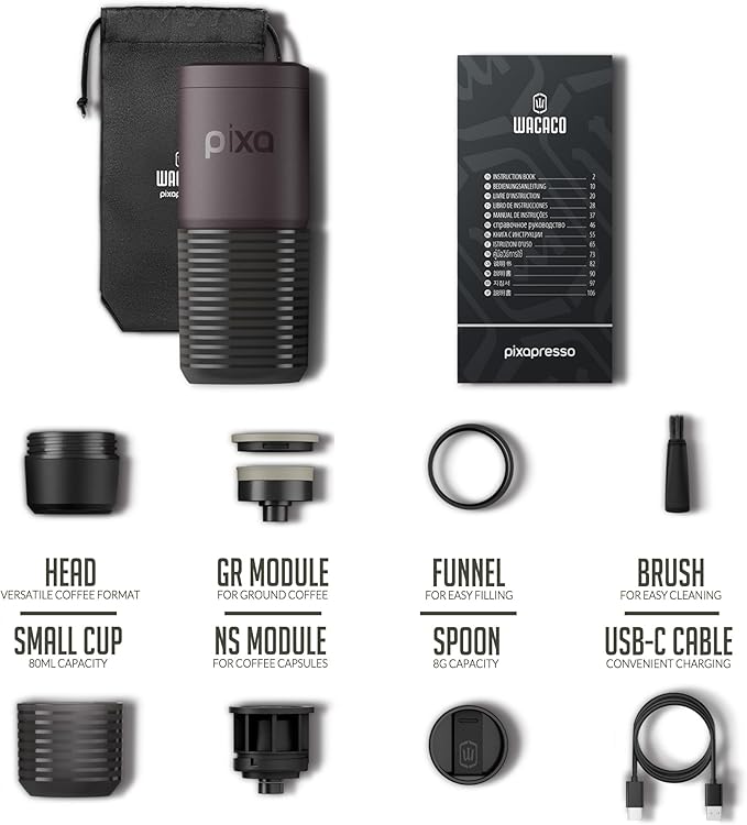 WACACO PIXAPRESSO, Coffee Machine Electric & Portable, With 4 Coffee Types & Fast Heat-Up, 3 * 3000mAh Battery, 20 Bar Portable Espresso Maker For Ground Coffee & NS Capsule, Dark Burgundy