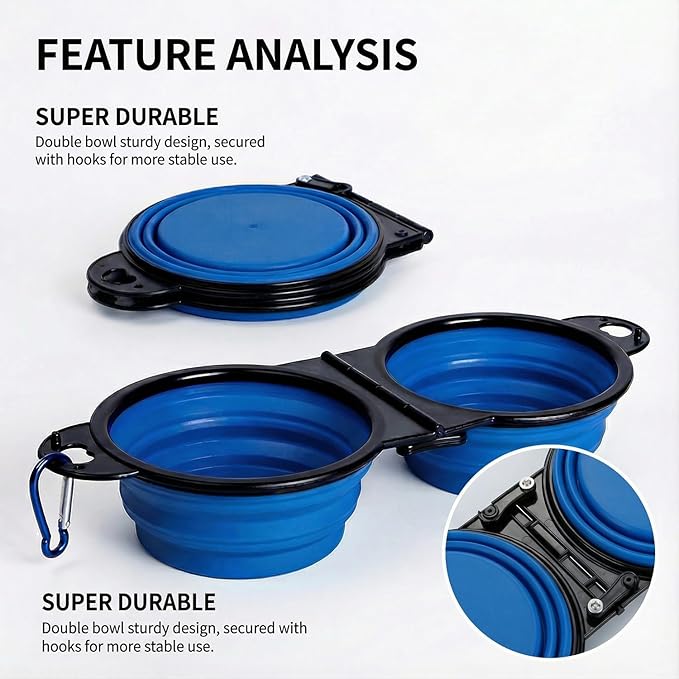 Collapsible Dog Bowls with Carabiner, Double Portable Travel Pet Bowls for Food and Water, Foldable Silicone Dog Bowl for Walking, Hiking, Camping, Small Medium Dogs and Cats, Blue