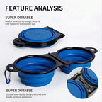 Collapsible Dog Bowls with Carabiner, Double Portable Travel Pet Bowls for Food and Water, Foldable Silicone Dog Bowl for Walking, Hiking, Camping, Small Medium Dogs and Cats, Blue