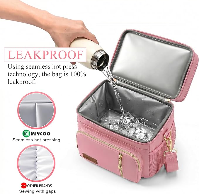 MIYCOO Lunch Bag & Lunch Box for Women Men Double Deck - Leakproof Insulated Soft Large Adult Lunch Cooler Bag for Work, Beach, Picnic, Camping, Travel (Pink,15L)