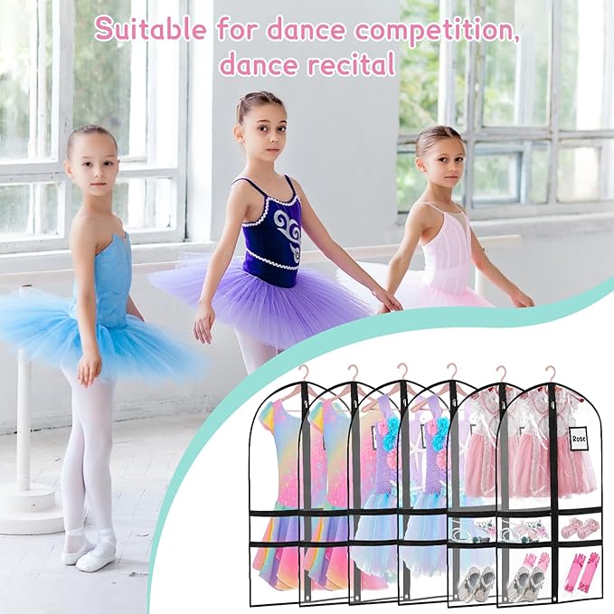 10 Pack Garment Bags for Dance Costumes,40" Kids Clear Garment Bags for Hanging Clothes with 4 Zipper Pocket,Dance Competition Must Haves for Dance Competition, Travel, Closet Storage(Black)