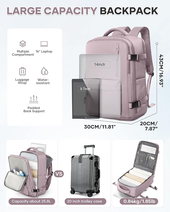 WONHOX Carry on Travel Laptop Backpack for Women Men Flight Approved,Backpack for Women Travel Bag Hiking Outdoor Sports Rucksack Casual Daypack, Lotus Pink