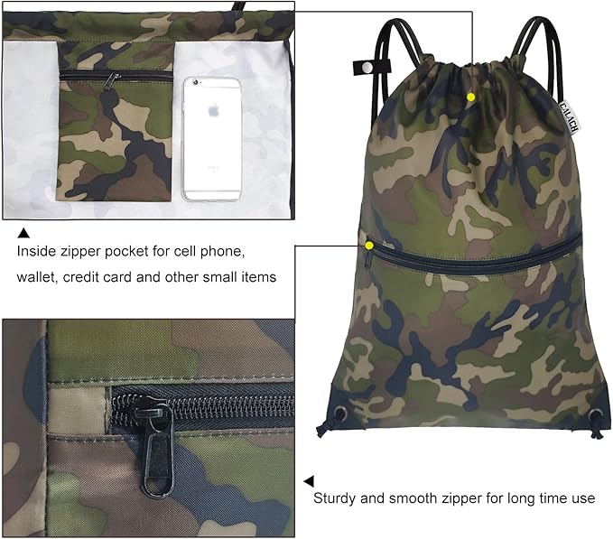 draw string back bag, Large Gym Sports string backpack for men and women with front zipper pocket and inside zipper pocket to keep key or phone (green camo)