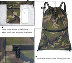 draw string back bag, Large Gym Sports string backpack for men and women with front zipper pocket and inside zipper pocket to keep key or phone (green camo)