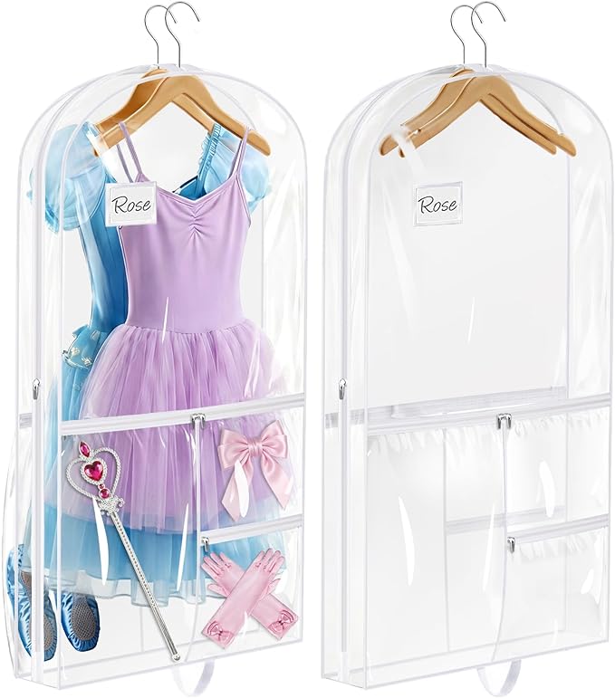 SLEEPING LAMB Dual-sided 6 Pockets Dance Garment Bags for Dancers, 40" Clear Kids Dance Costume Bag for Dance Competition Hanging Garment Bag for Ballet, Outfits, Cheer Uniform, Dress, 2 Packs, White