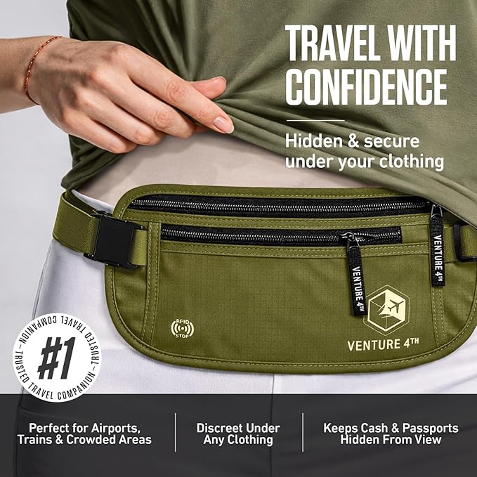 VENTURE 4TH Money Belt for Travel – Slim Hidden Under-Clothes RFID Blocking Anti-Theft Passport Holder & Travel Wallet Pouch for Men & Women to Protect Cash, Cards & Documents (Green)