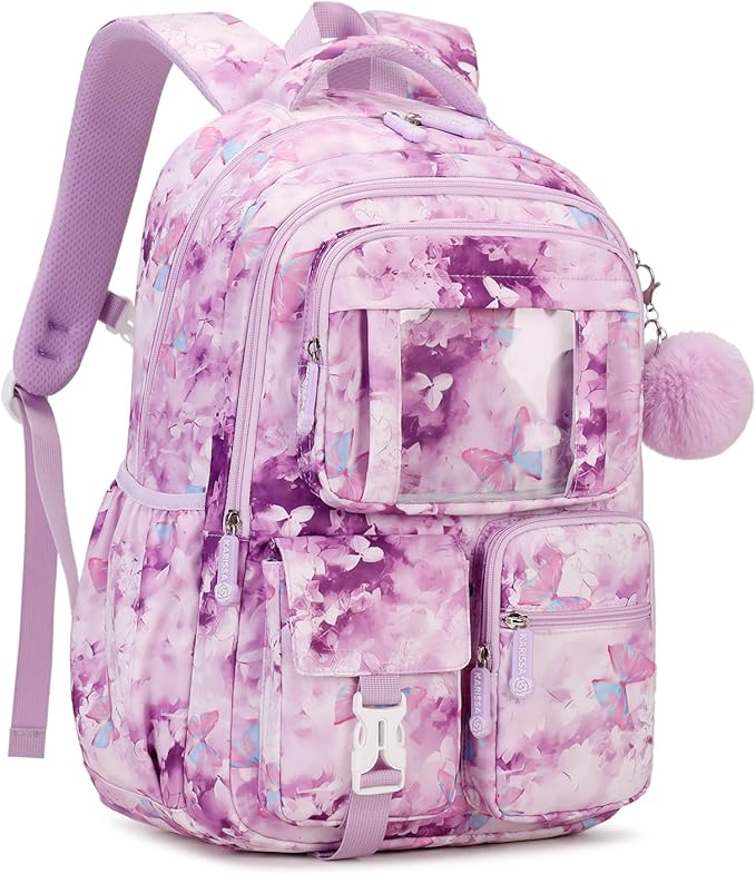 PIG PIG GIRL Kids Backpack for Girls School Bags for Middle School Students Book Bag for Elementary Primary Kawaii Ita Backpack, Purple Butterfly