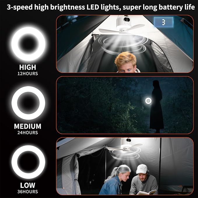 Camping Fan 10400mAh Battery Operated, USB Rechargeable Tent Fan with Remote Control,3 Detachable Blades, LED Light, 3 Speeds, Timer, Portable Ceiling Fan for Camping(White)