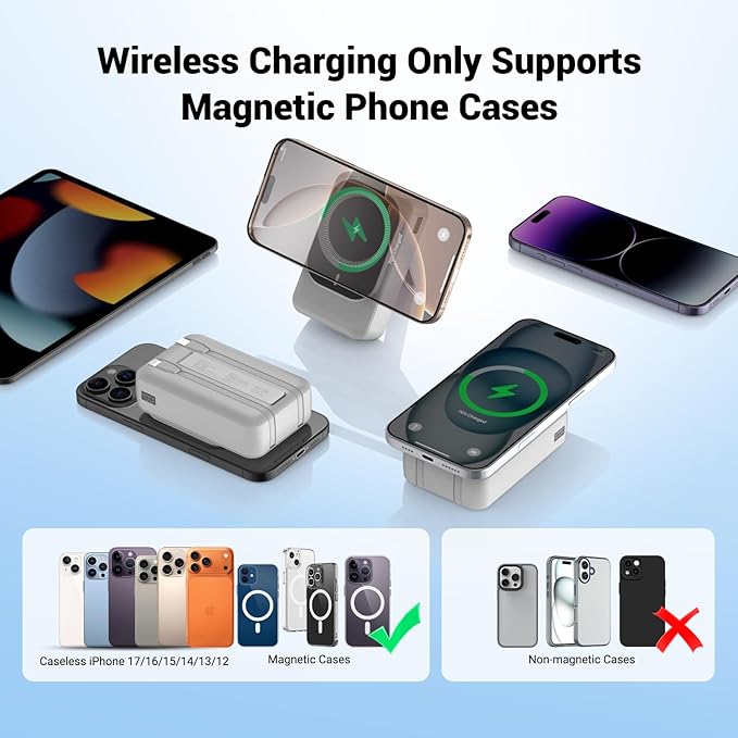 Magnetic Wireless Power Bank 26800mAh, PD 22.5W Type-C Fast Charging Portable Charger 5 Outputs, Battery Pack for Magsafe Built in 2 Cables with Stand LED Display for iPhone 17/16/15/14/13/12-White