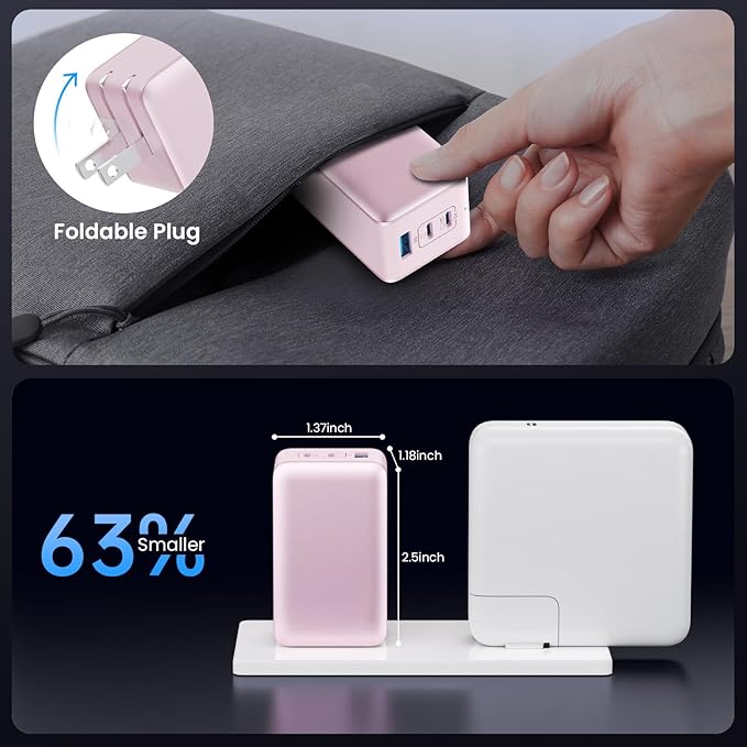 128W USB C Wall Charger,GaN III 3-Port Fast Charging Station,PD QC Foldable Charger Block Portable 65W Laptop Adapter for MacBook Pro/Air,iPad Pro,Galaxy S23,Dell XPS 13,iPhone 17/16/Pro etc