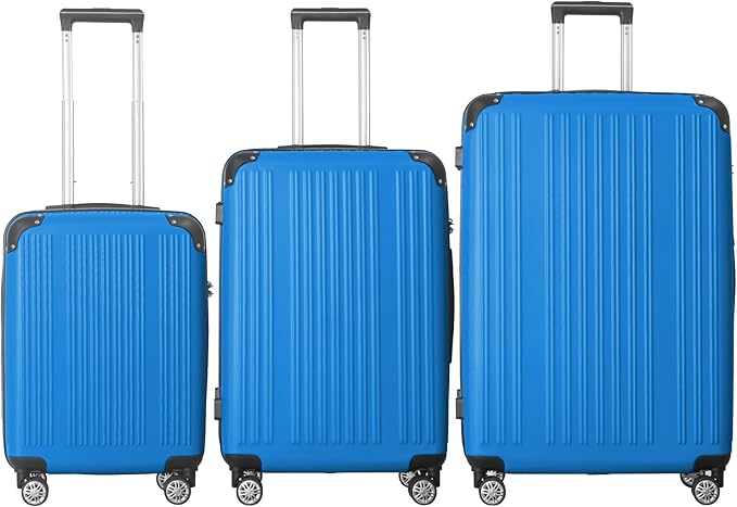 3-Piece Luggage Set 3 (20"/24"/28"), Hardside Suitcases with 8 Spinner Wheels, Scratch-Resistant ABS Shell, set2, set3 Travel Suitcase, TSA Lock (Ribbed Surface, Blue)