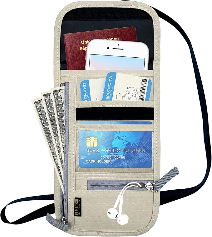 Travel Neck Wallet, RFID Blocking Passport Holder with Adjustable Neck Strap for Men and Women to Keep Cash, Credit Cards and Travel Documents Safe - Beige