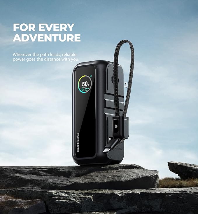Dexnor 3-in-1 Portable Charger, 15,000mAh 65W Power Bank with Foldable AC Wall Plug and Built-in USB-C Cable, Fast Charging Battery Pack for iPhone, iPad, MacBook, Samsung, Cell Phones, Laptop etc.