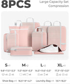 Percover Compression Packing Cubes 8-Piece Set, Packing Cubes Compression for Travel with Laundry Bag & Shoe Bag, Travel Organizer for Carry On & Checked Luggage, Pink