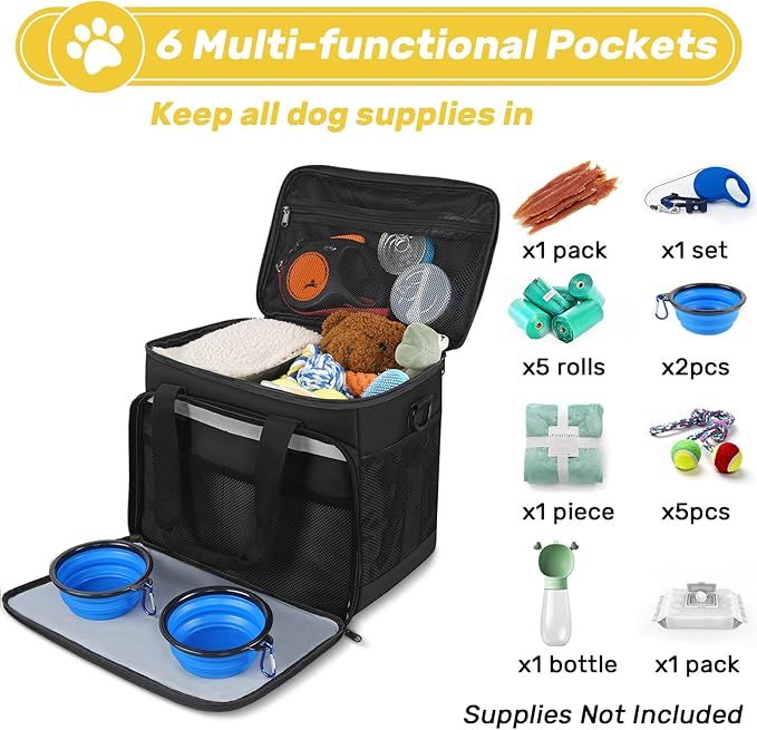 6 Set Dog Travel Bag, Large Pet Travel Kit for Supplies Includes 2 Food Containers, 1 Pet Organizer for Dogs, 2 Collapsible Bowls, 1 Treat Pouch, Dog Weekend Overnight Bag Luggage, Black