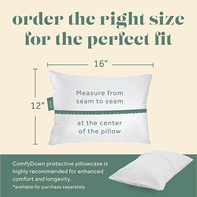 ComfyDown Goose Down Travel Pillow - Filled with 800 Fill Power European Goose Down, Egyptian 300 Thread Count 100% Cotton Cover for Plane car & Home - Made in USA (12x16)