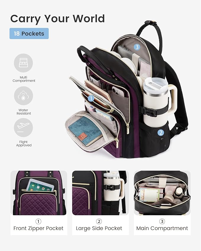 LOVEVOOK Laptop Backpack for Women with Giant Tumbler Holder Pocket, 15.6 Inch Water Resistant Lightweight Daypacks for College Work Business, Nurse Teacher Computer Bags, Purple Black