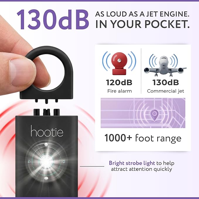 HOOTIE Personal Safety Alarm Keychain, 130dB Personal Alarm for Women Men and Kids, Pull Pin Emergency Panic Alarm with Strobe Light, Portable Self Defence Alarm for Campus Travel and Running - Black