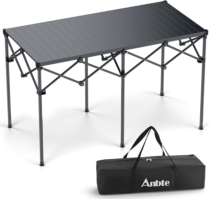 Anbte Heavy-Duty Camping Table, 48” x 23.6” Large Roll Up Camping Table for 6-8 People Support 264lbs with Carry Bag, Waterproof, Portable, for Backyard BBQ Tailgating Picnic Party Indoor, Black