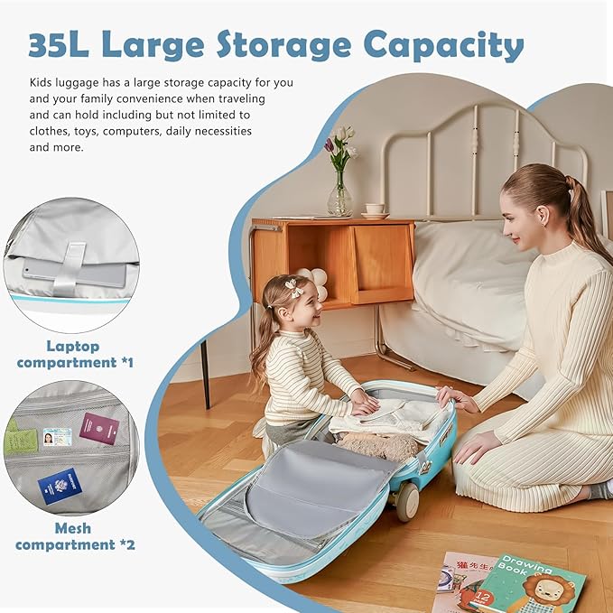 Kids Ride-on Luggage with Seat, 20 inch Carry On Suitcase, 2-in-1 Children's Luggage with Shockproof Silent Wheels and Guardrail for Airplane & Travels
