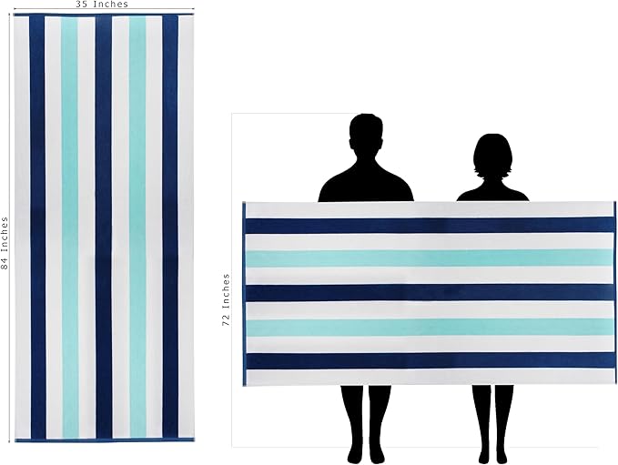 COTTON CRAFT Oversized Beach Towels - 2 Pack XXL 35x84 - The Big Kahuna 7 Foot Extra Large Beach Blanket Towel - Big & Tall - Huge 100% Cotton Velour Plush Soft Luxury Towel - Cabana Stripe Blue
