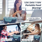 SOHIDA Electric Lunch Box, 12V/24V/110V Portable Food Warmer with SS Fork & Spoon for Car/Truck/Office, 80W Self Heating Lunch Box with 1.5L 304 Stainless Steel Container & 0.45L PP Fruit Box Blue