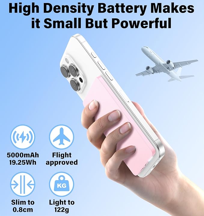 5000mAh for Magsafe Battery Pack Mini 22.5W Wireless Power Bank Fast Charging USB C in Out Power Pack, Magnetic Portable Charger Slim Powerbank for iPhone 17 16 15 14 13 Plus/ Pro/ Pro Max Rose Gold