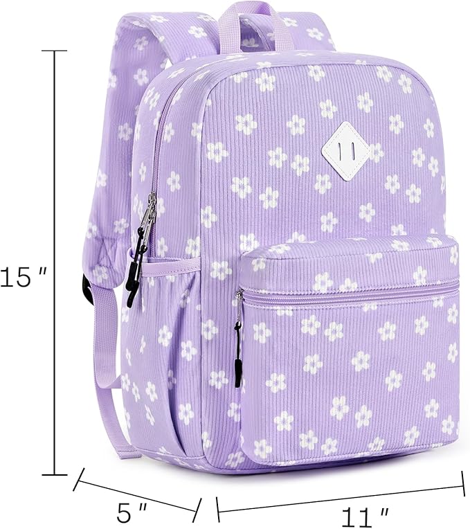 STEAMEDBUN Corduroy Kids Backpack for Girls Boys 3-8, Girls Backpack for Elementary Kindergarten - Purple Floral