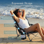 DUMOS Low Beach Chair for Adults, Lightweight Folding Beach Chair with Cup Holder, Storage Bag, Breeze Mesh Back, Padded Armrests, Compact Low Profile Chair for Camp, Picnic, Lawn, Sand