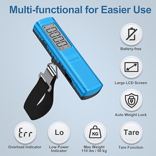 Battery-Free Digital Luggage Scale, 110lbs/50kg Portable Handheld Hanging Scale for Luggages, Suitcases, Backpacks & Bags, Easy Weighing for Travel, No Need Batteries (Blue)