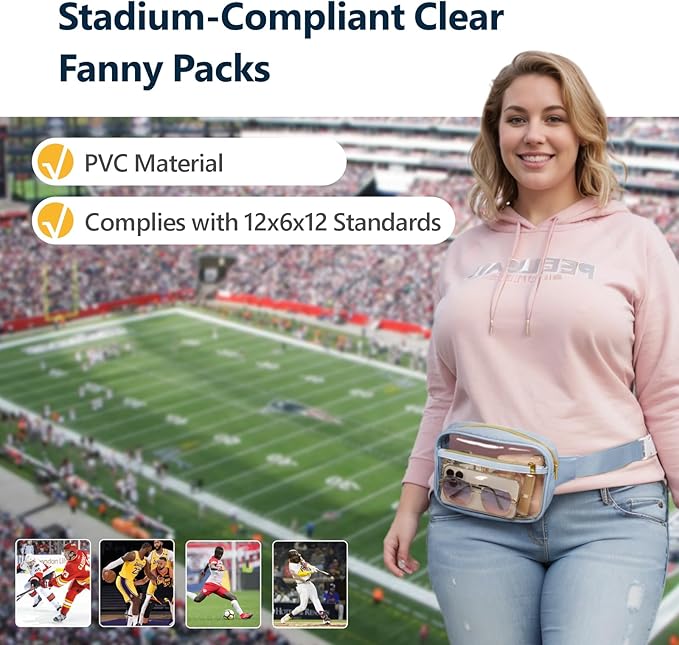 Packism Clear Fanny Pack for Women Stadium Approved - Quilted Clear Belt Bag, Adjustable Strap Fits 35-51 Inches, Transparent Waist Bag for Sports Concerts Festivals, Dusty Blue