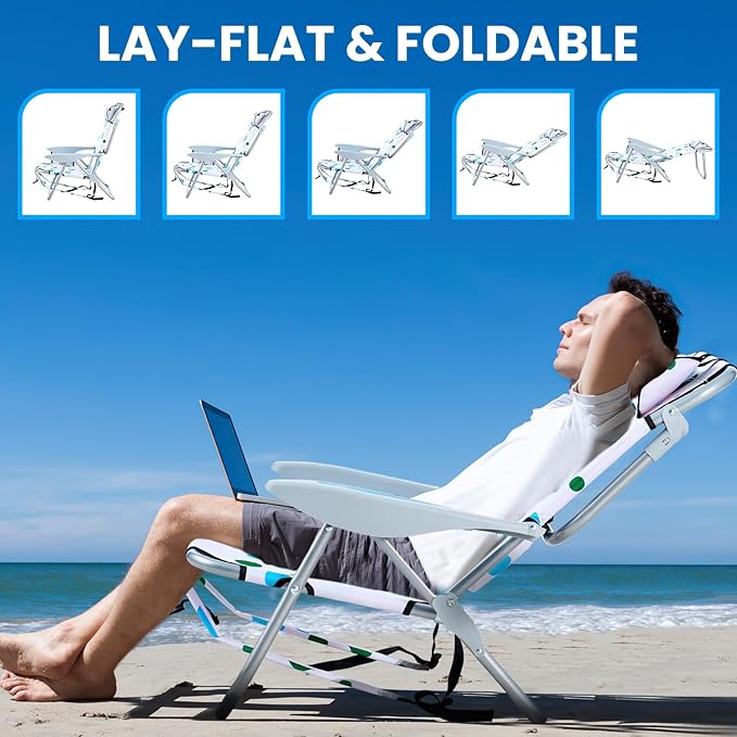 2 Pack Lightweight Portable Camping Beach Chair for Adults, Lay Flat Folding Beach Chairs with 5 Positions, Backpack Beach Chair with Towel Bar, Zipper Pouch, Cup Holder, Geometric Circle