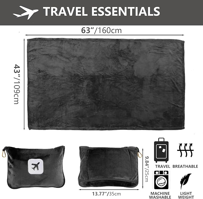 2 Pack Portable Travel Blanket and Pillow - Premium Soft 2 in 1 Airplane Blanket with Compact Pack Soft Bag Pillowcase, Hand Luggage Sleeve and Backpack Clip (Gray)