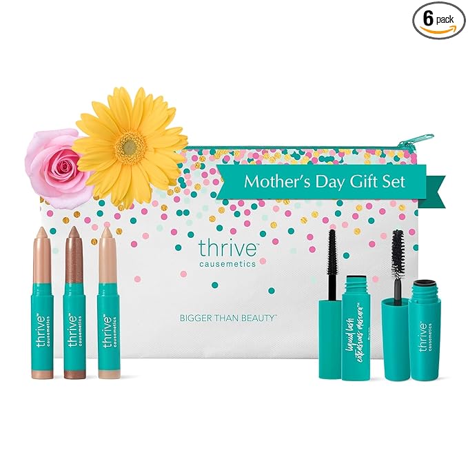 Thrive Causemetics Mini Makeup Essentials, Mother's Day Makeup Gift Set, Mini Liquid Lash Extensions & Volumizer Mini Mascaras, Brynn (Rich Black), Mini Eye Brightener Highlighter Sticks- 3 Shades