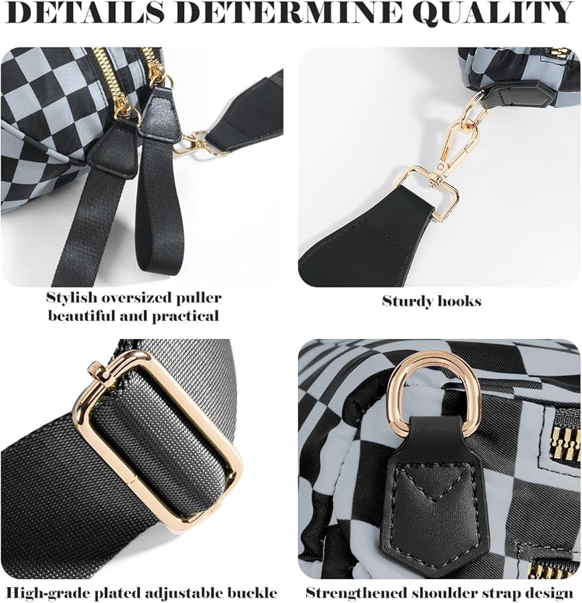 Black and White Checkered Crossbody Bag Bum Bag for Women,Spacious Checkered Purse Fanny Packs Belt Bag