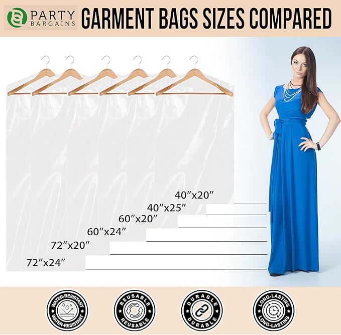 PARTY BARGAINS 40 x 25 Inch Disposable Clear Garment Bags, 50 Pack – Heavy-Duty Plastic Clothes Covers for Suits Dresses Coats, Closet & Travel