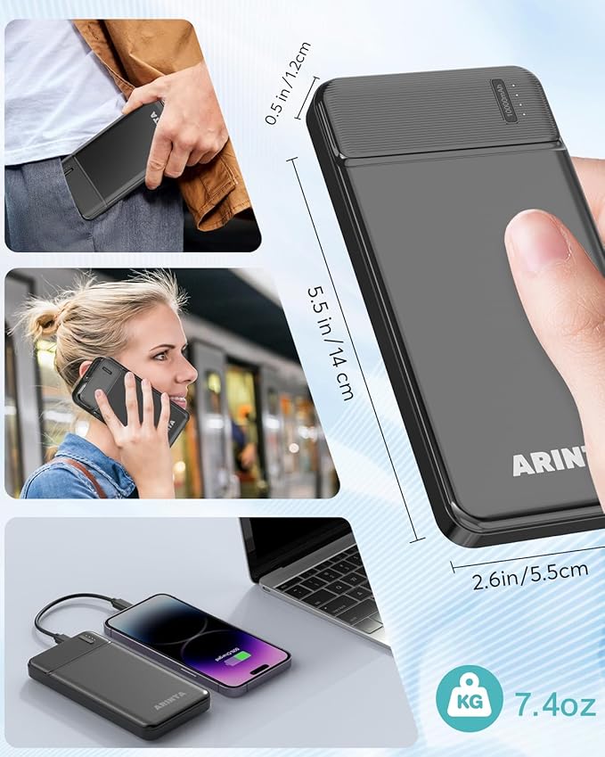 5V 2A Power Bank Battery Pack for Heated Jacket & Vest, Portable Charger 10000mAh, Ultra Slim with USB-C Input/Output, Compatible for Smartphones & Tablets, Gifts for Men Women. (Black)