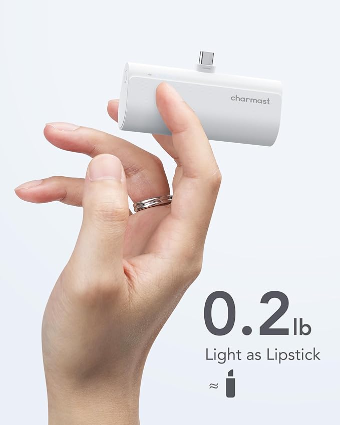charmast Portable Charger USB C for iPhone 17/16/15, 5000mAh Fast Charging Power Bank with Built-in Type-C Connector, 20W Mini Battery Pack for iPhone 17/16/15 Series, Samsung S25/S24/S23, and More