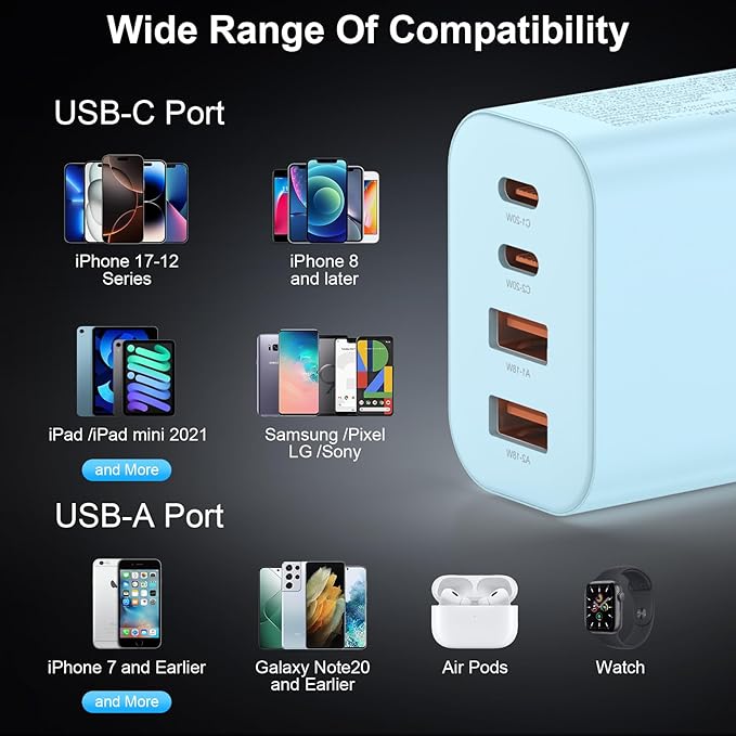 USB C Charger Block, 3-Pack 40W Wall Plug Fast Charging Block, 4-in-1 PD + QC Power Adapter Type C Charging Blocks Cube, Compatible with iPhone 17/16/15/14/13/12/11/Pro Max, Tablets（Blue）