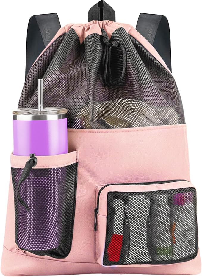 HOHOM Swim Mesh Beach Bag, Waterproof Gym Bags for Women and Men, Large Pool Bag Swimming Gear Drawstring Backpack