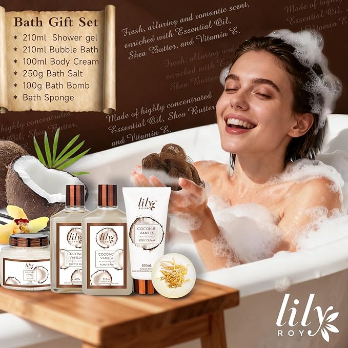 Gifts for Women and Men, Mothers Day Gift Basket for Mom, Bath and Body Gift Basket Set - 7Pcs Coconut Vanilla Spa Gift Basket Set | Christmas, Birthday, Gifts for Mom, Gift for Mom and Dad