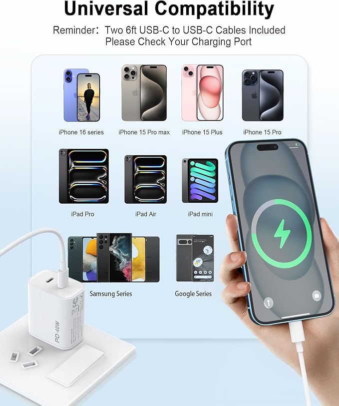 iPhone 17 16 15 Charger, 4 Pack 40W USB C Charger Dual Port Fast Charging Block (4-Pack 6 ft USB C to C Cable Cord Included) for iPhone 17 16 15 Pro Max/15Pro/15/15Plus,iPad