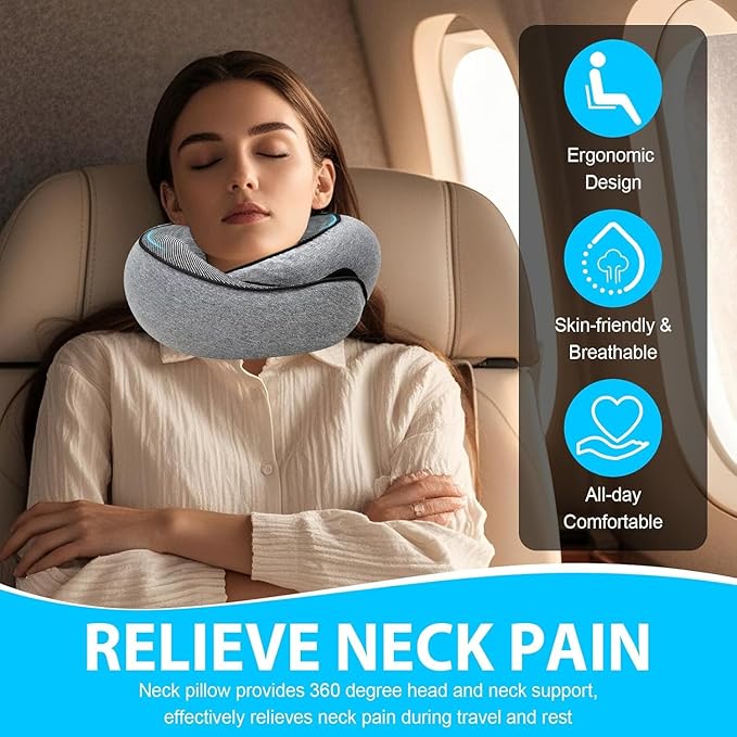 Travel Neck Pillow for Airplanes – 100% Memory Foam, 360° Head Support, Breathable & Washable Cover, Compact for Travel, Car & Flights